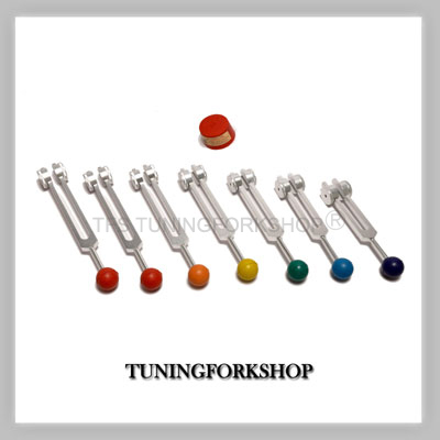 TFS Tuningforkshop Gold Finish 7 Chakra with Rubber Balls Tuning Fork Set 